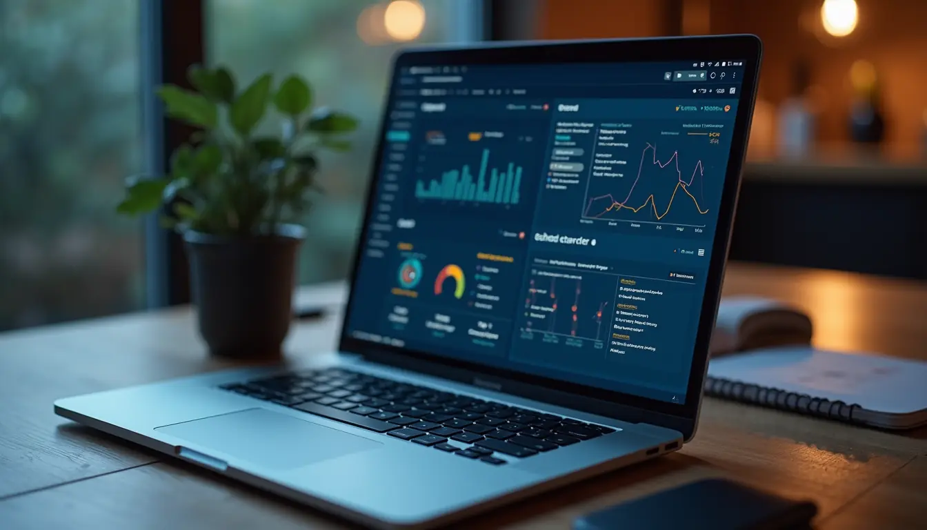High angle view of a laptop screen showing AI security dashboard