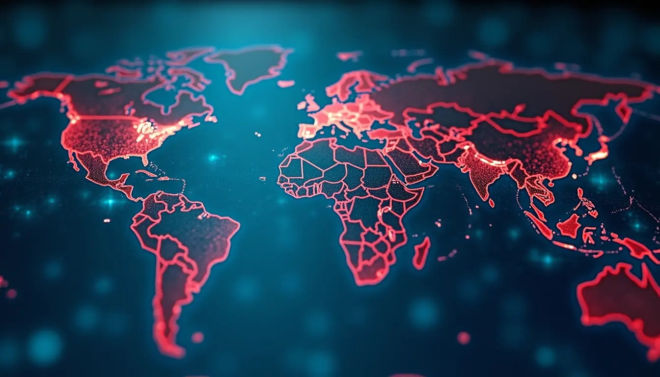Close-up view of a digital map showing global cyber attack routes and proxy warfare connections