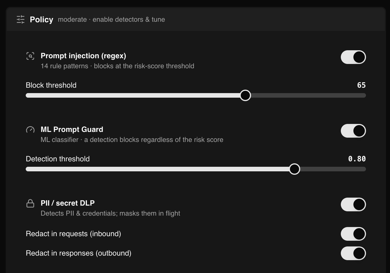 VANGUARD policy panel - prompt injection regex detector with block threshold, ML Prompt Guard detection threshold, and PII/secret DLP redaction toggles.